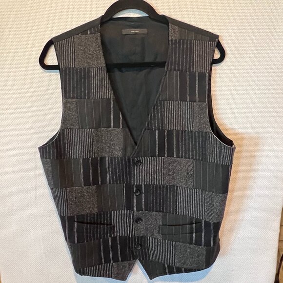 Express Men's Vest Size‎ L Patchwork Wool Blend Black Gray Stripe Herringbone